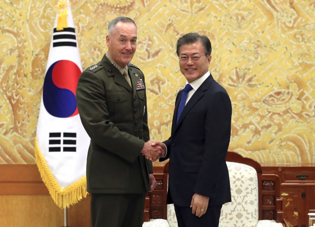 South Korean President Moon Jae-in with US Joint Chiefs chairman General Joseph Dunford at the presidential Blue House in Seoul