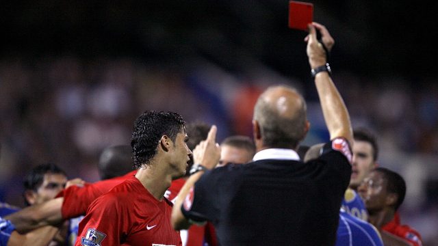 For the second season running, Steve Bennett sends Ronaldo off for headbutting Portsmouth's Richard Hughes