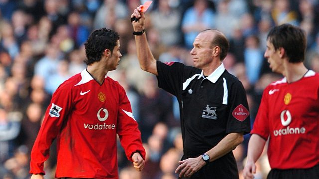 Ronaldo was shown a red card for his tackle on Andy Cole in the Manchester derby