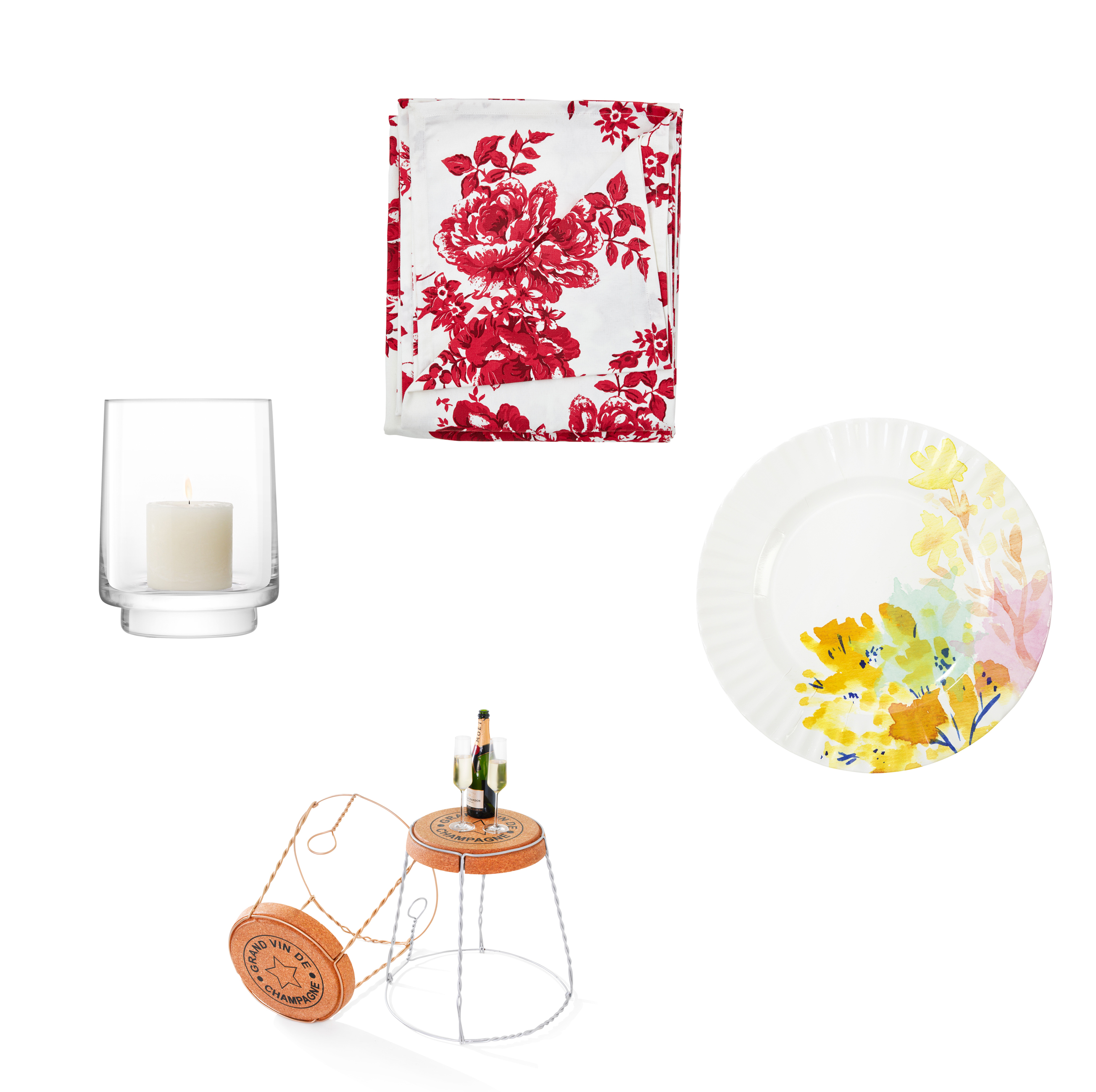 LSA International City Bar storm lantern, £35, Black By Design; Vintage rose red rectangular tablecloth, £39.95, Pignut; Fluorescent floral paper plates, large, pack of 8, £4.99, Talking Tables; Champagne cork wire cage side table, £149, Decorelo (Black By Design/Pignut/Talking Tables/Decorelo/PA)