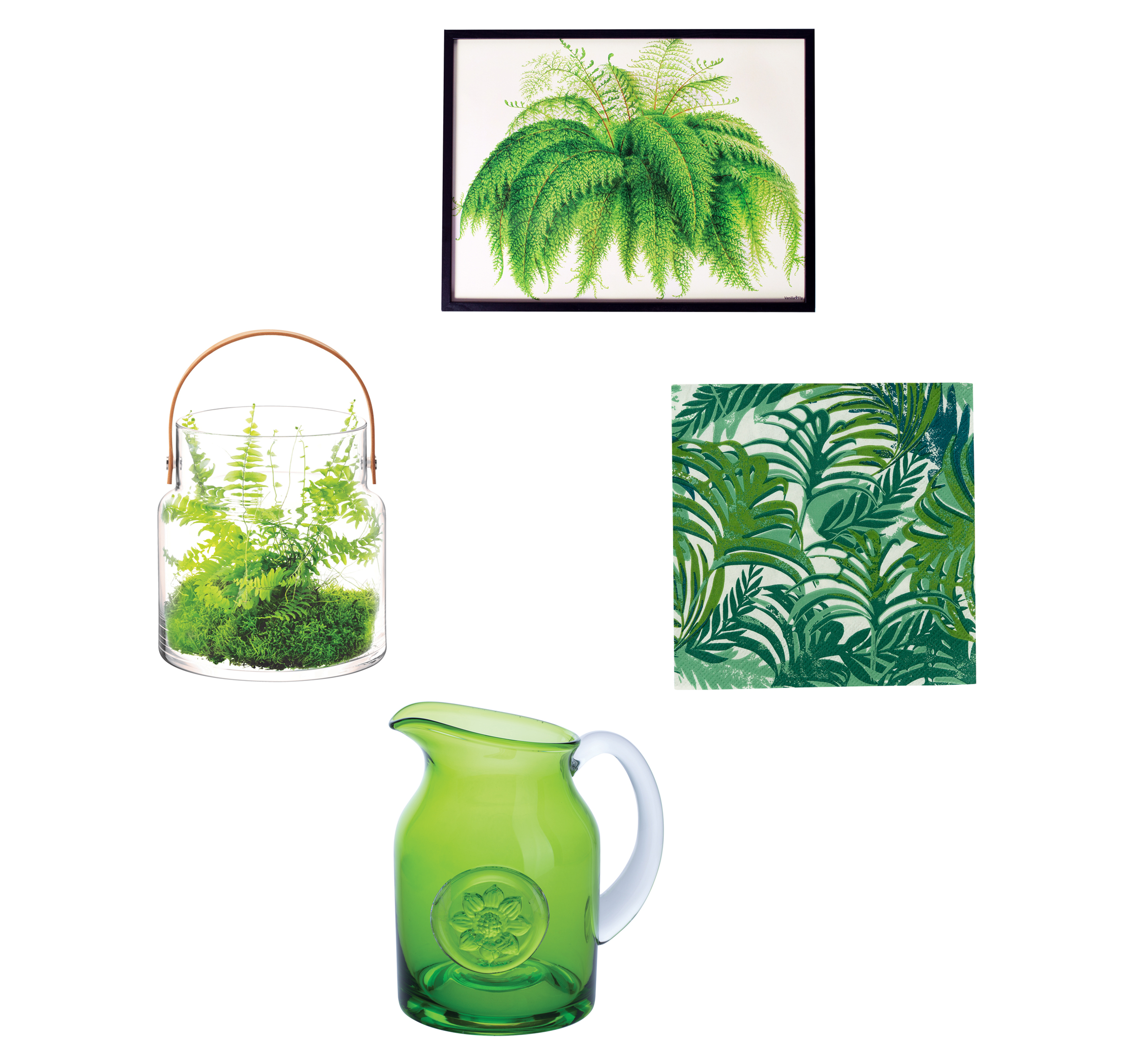 (clockwise from left) LSA International utility pot and leather handle, clear glass, £65, Black By Design; Lush Fern framed print, £32, Miafleur; Small palm print botanical napkins, pack of 20, £2.75, Candle & Cake; Flower jug anemone, lime small, £30, Dartington Crystal (Black By Design/Miafleur/Candle & Cake/Dartington Crystal/PA)