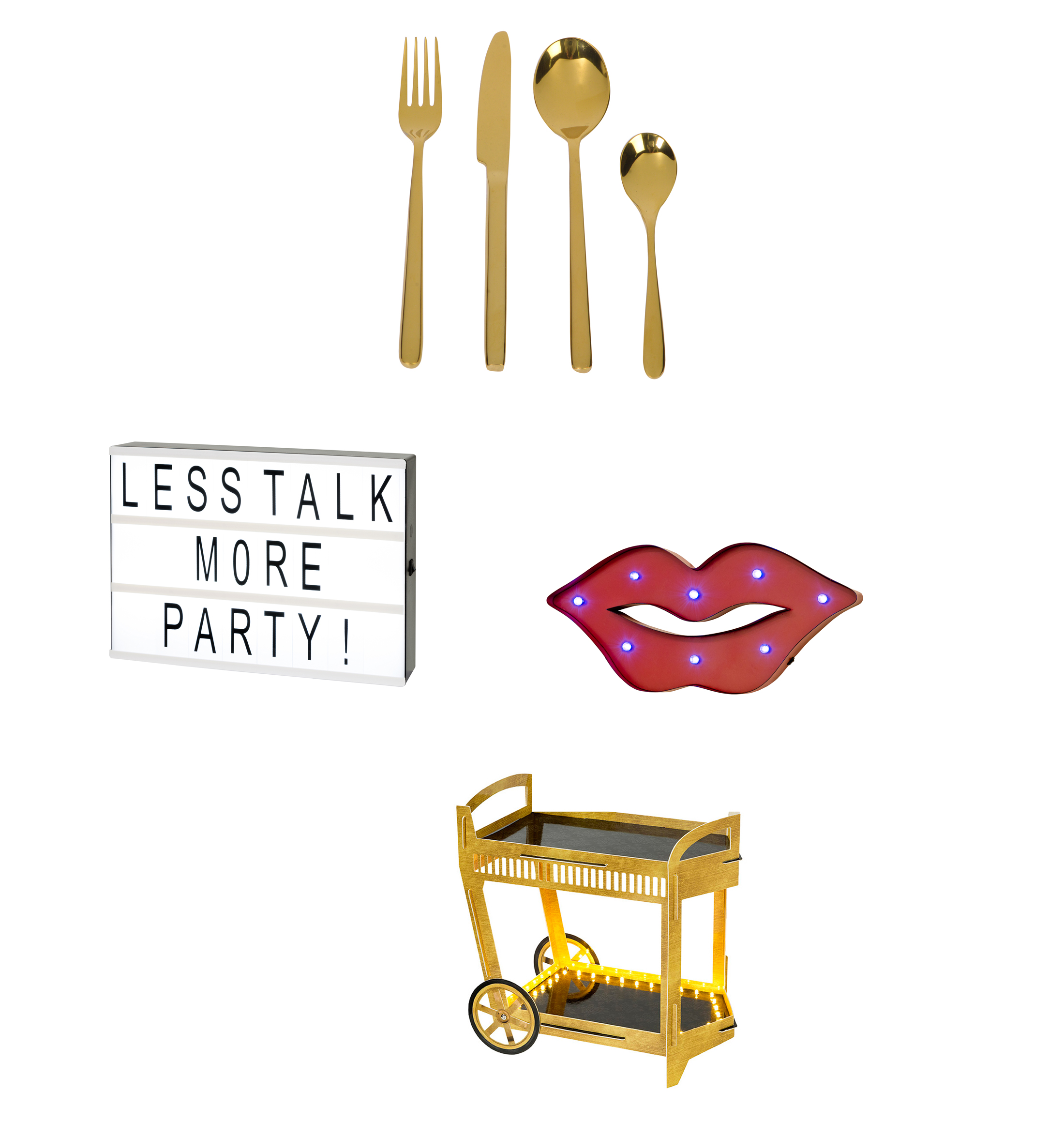 (Clockwise from left) Party illuminations light box sign, £27.99, with 73 plastic letters, numbers and symbols to create own message, Talking Tables; Gold cutlery set, 24 piece, £95, Miafleur; LED Lips wall art, £74, Element One House; Mini party drinks and canapes trolley, with LED lights, (flat pack) £18.95, Luck & Luck (Talking Tables/Miafleur/Element One/ House/Luck & Luck/PA)