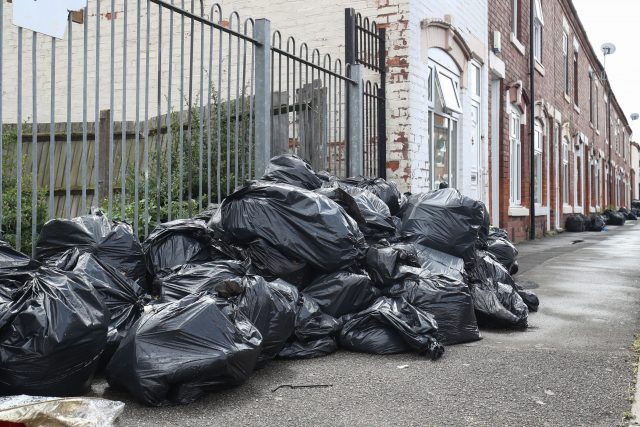 Rubbish bags piled high in Tarry Road, Birmingham