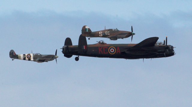 A Lancaster bomber, a Spitfire and a Hurricane 