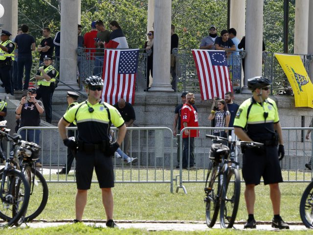 Police monitor the rally in Boston