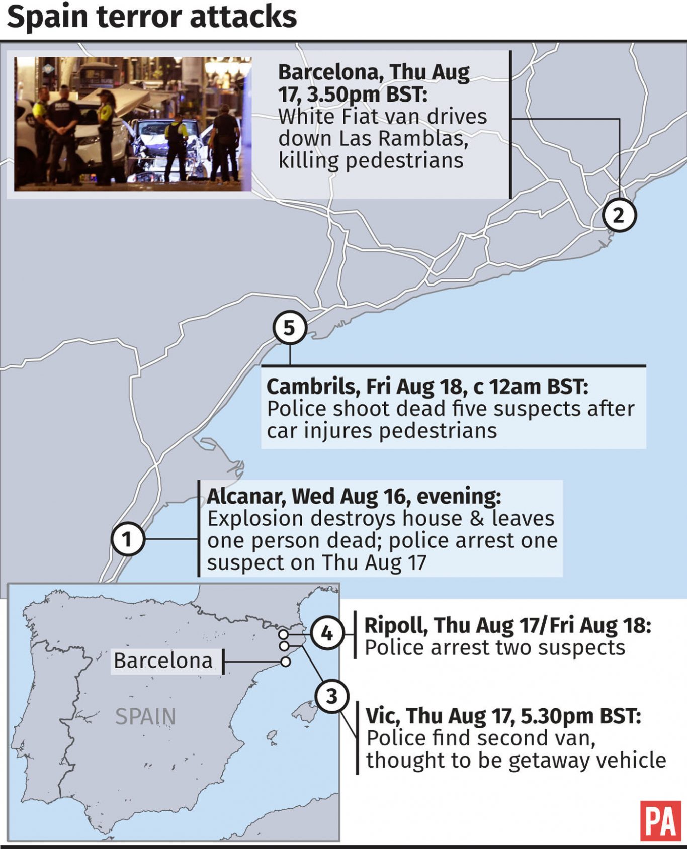 Spain terror attacks key locations mapped.