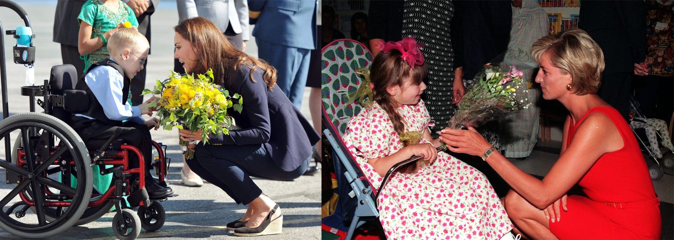 Kate and Diana receiving flowers from children (PA)