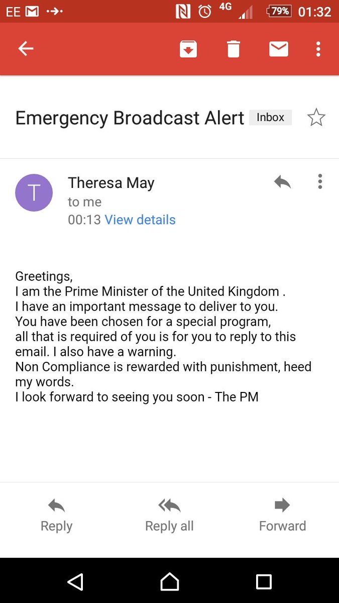 The spam email received by one Twitter user as if from Theresa May.