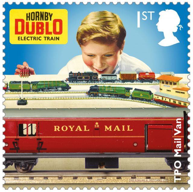 A stamp featuring a Hornby Dublo train set 