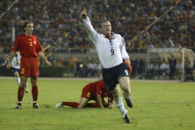 Wayne Rooney celebrates scoring his first goal for England against Macedonia