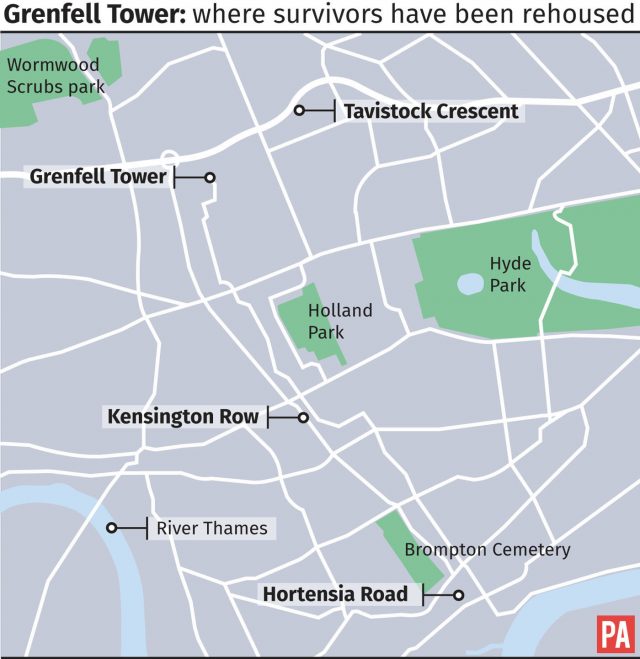 Graphic showing where survivors of the Grenfell Tower fire have been rehoused