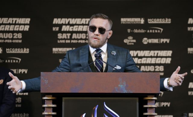 Conor McGregor at a news conference in Las Vegas ahead of his fight with Floyd Mayweather (AP Photo/John Locher)