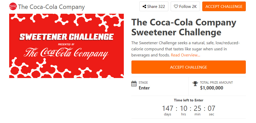 Screengrab of The Sweetener Challenge on HeroX from The Coca-Cola Company