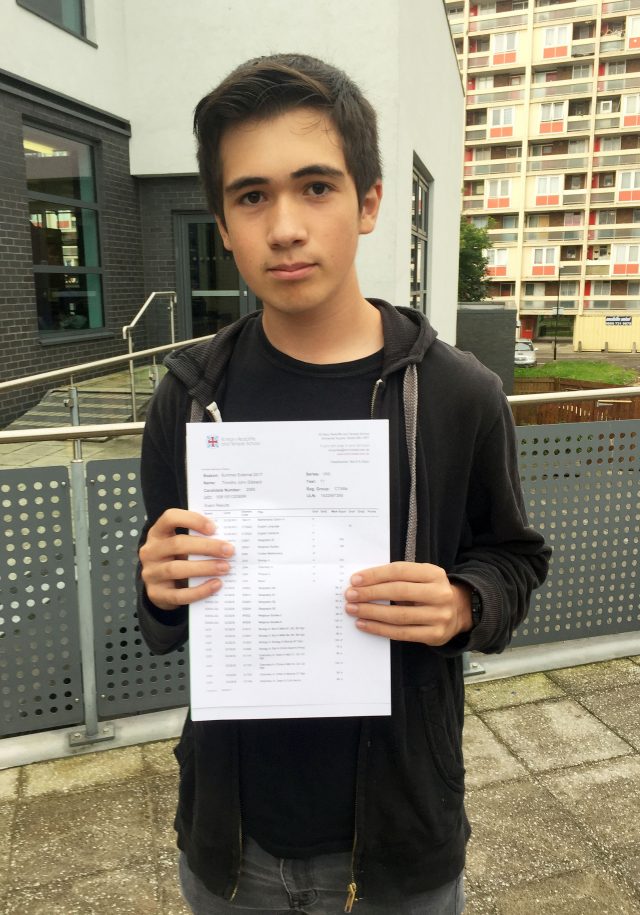 Tim Gibberd, 16, celebrates a string of top GCSE grades at St Mary and Temple School in Bristol. 