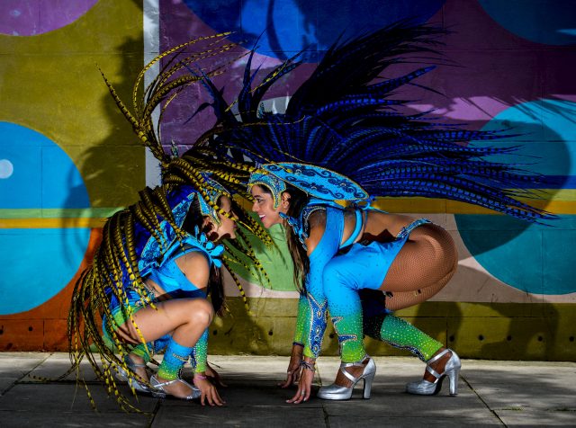 Juliana Campos and her nine-year-old daughter Bella rehearse in full costume in the Notting Hill area of London prior to this year's Notting Hill Carnival