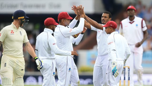 Shannon Gabriel celebrates taking the wicket of Ben Stokes