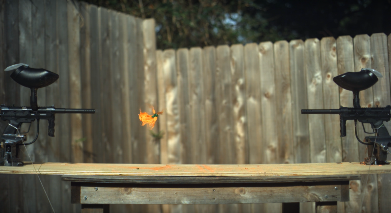 These paintballs colliding in midair in super slowmotion will leave