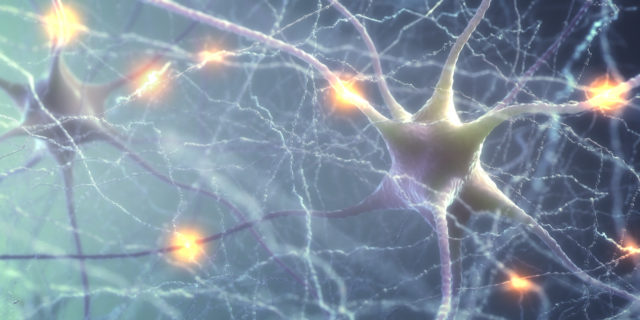 3D illustration of Interconnected neurons with electrical pulses.