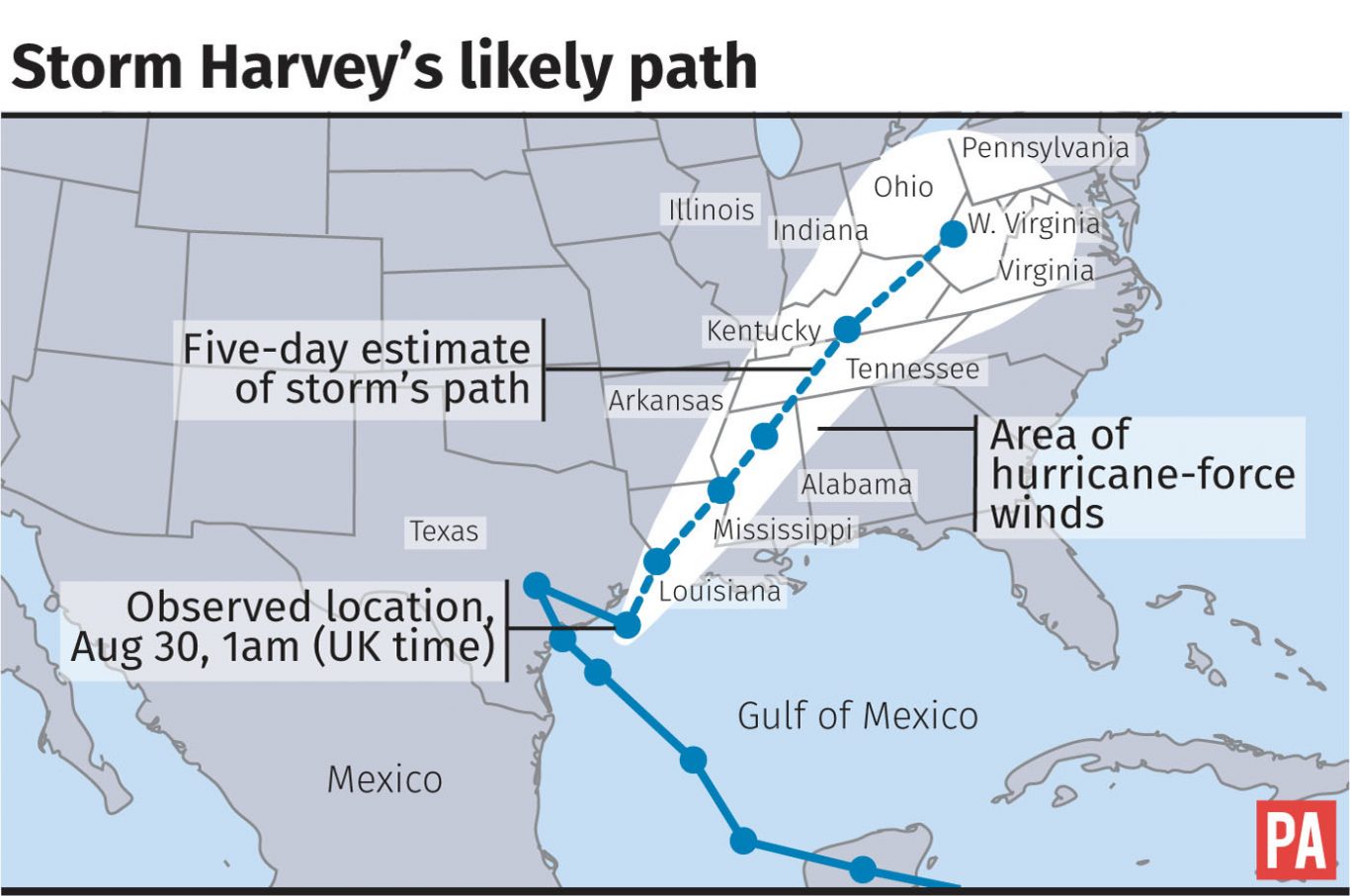 A graphic of the likely path of Storm Harvey