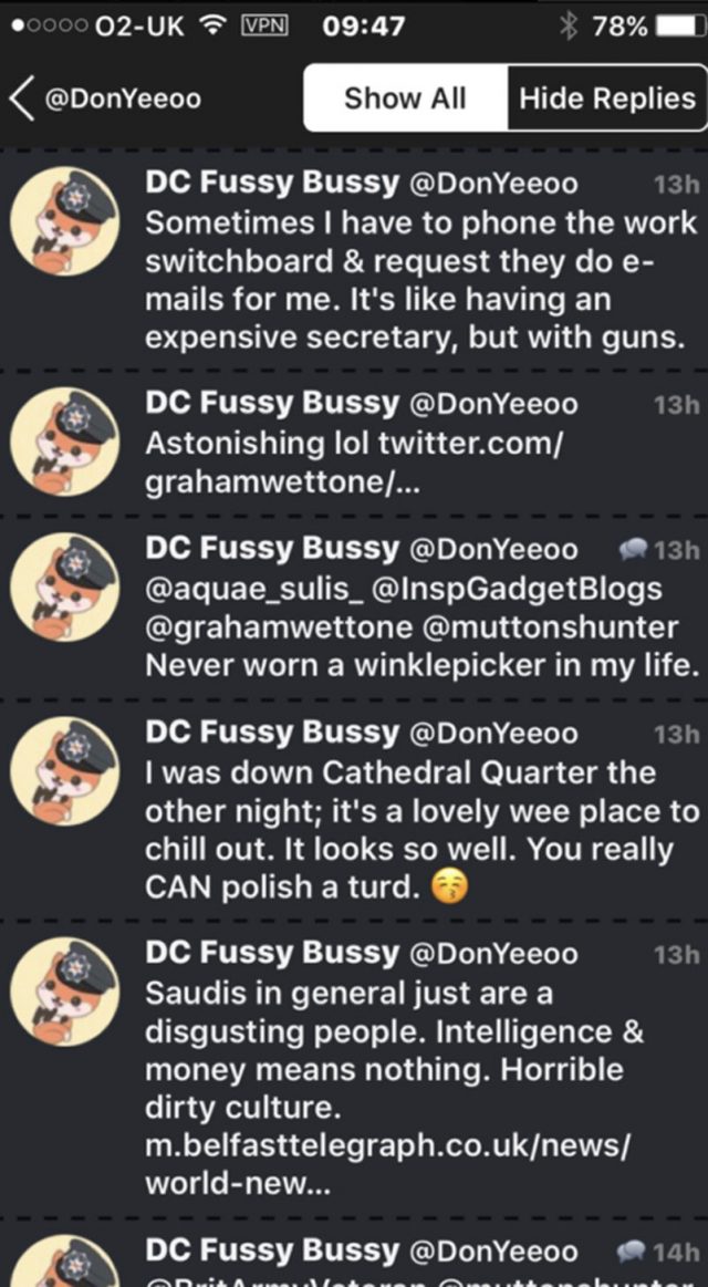 Undated screen grab of the Twitter feed of DC Fussy Bussy (@DonYeeoo) of a Twitter  conversation with a comment about people from Saudi Arabia