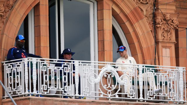 Ottis Gibson sat with England coach Trevor Bayliss and skipper Joe Root during the test against South Africa at Lord's earlier this summer