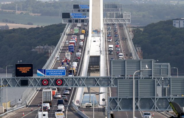 Traffic crosses the new Queensferry Crossing on the first day of operational use