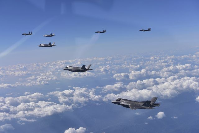 Bombs dropped by US Air Force B-1B bombers, F-35 stealth fighter jets and South Korean F-15 fighter jets hit a simulated target as they fly over the Korean Peninsula, South Korea (South Korea Defense Ministry/AP)