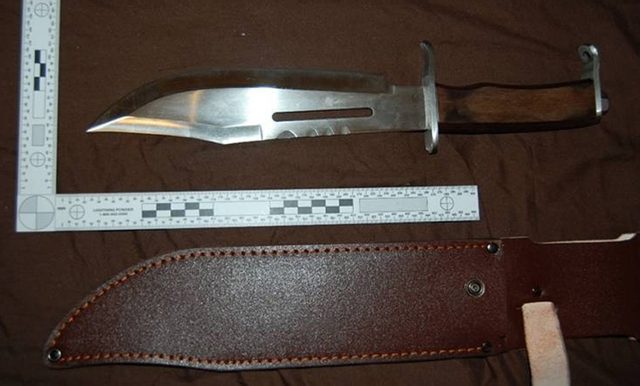 Metropolitan Police undated handout photo of the knife belonging to Joshua Clements who has admitted at the Old Bailey of stabbing two young men during mass disorder at Hyde Park on one of the hottest days of the year.