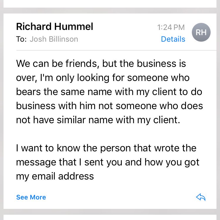 The reply by the scammer about being friends