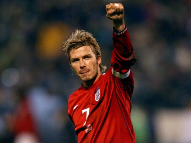 David Beckham celebrates England's victory over Slovakia 