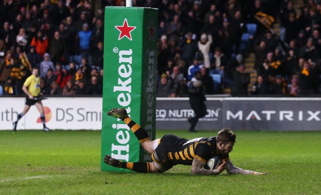 Elliot Daly scores a try for Wasps in the European Champions Cup