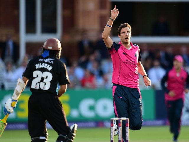 Middlesex's Steven Finn celebrates taking the wicket of Surrey's Tillakaratne Dilshan