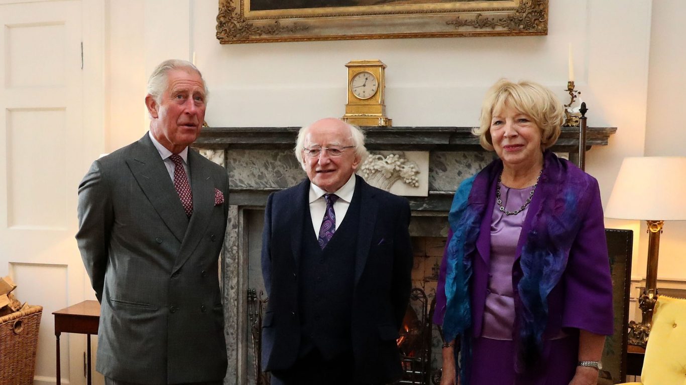 The Prince of Wales, known as the Duke of Rothesay in Scotland, with the President of Ireland Michael D Higgins and his wife Sabina in the Yellow Room at Dumfries House in East Ayrshire (Andrew Milligan/PA)