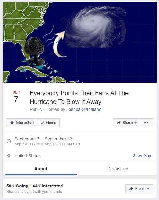 The Facebook page for "Everybody Points Their Fans At The Hurricane To Blow It Away"