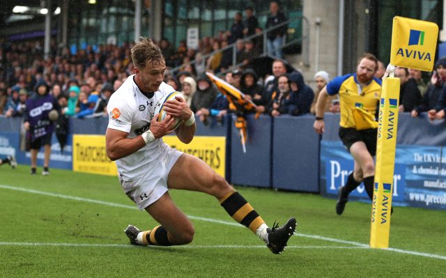 Wasps' Josh Bassett scores his sides third try of the game against Worcester Warriors during the Aviva Premiership match at the Sixways Stadium, Worcester.
