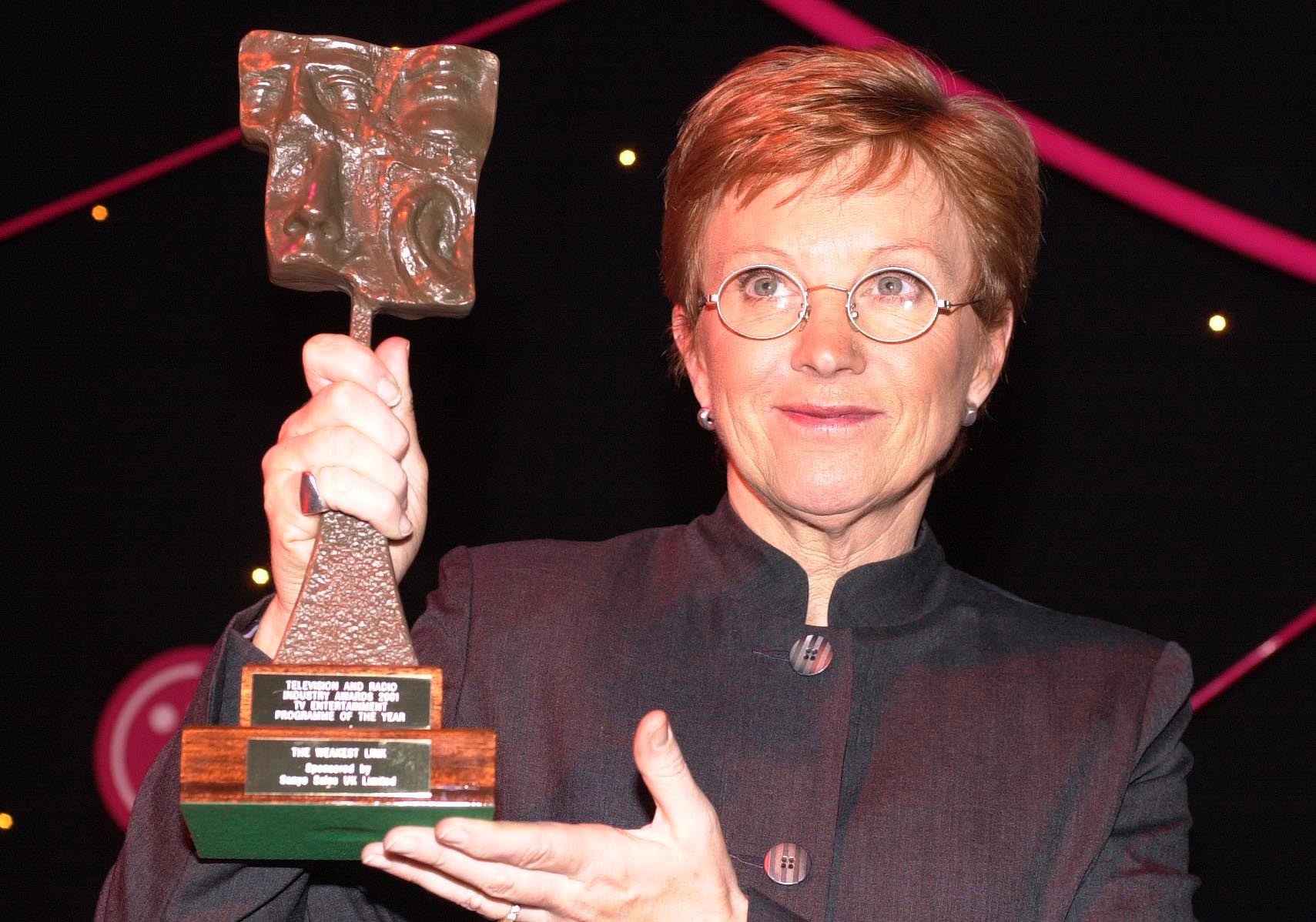 Anne Robinson accepts, on behalf of BBC One's The Weakest Link, the TRIC (Television & Radio Industries club) award for the Television Entertainment Programme Of The Year Awards in 2001. (Fiona Hanson/PA)