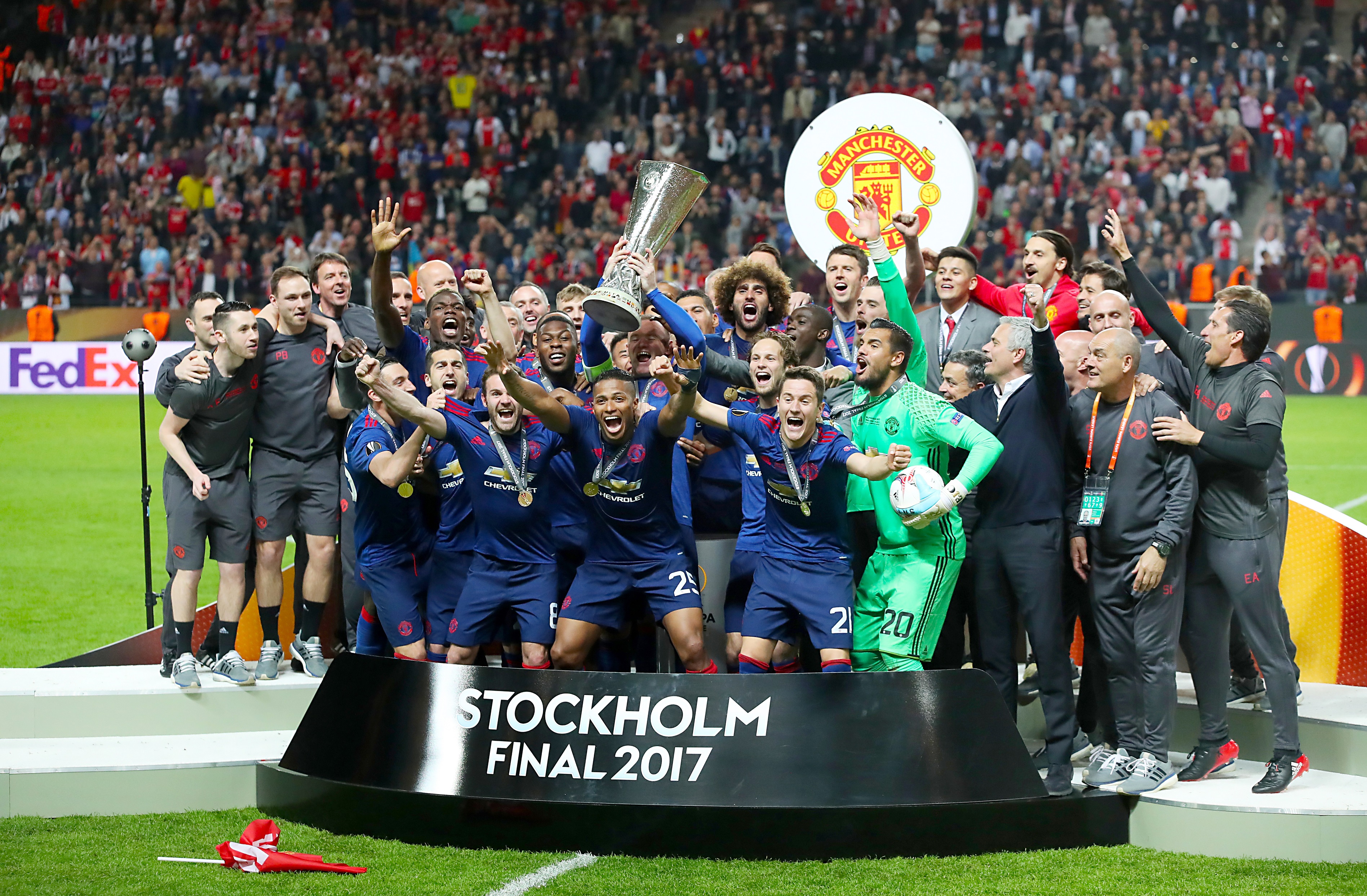 Manchester United celebrate winning the Europa League