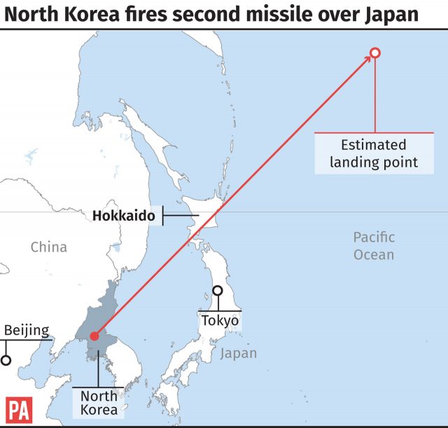 Probable path of North Korean missile launch over Japan