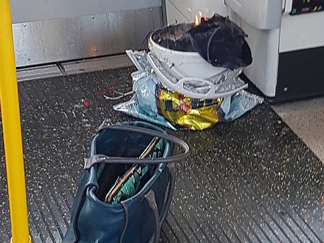 A bucket on fire on a tube train at Parsons Green station in west London