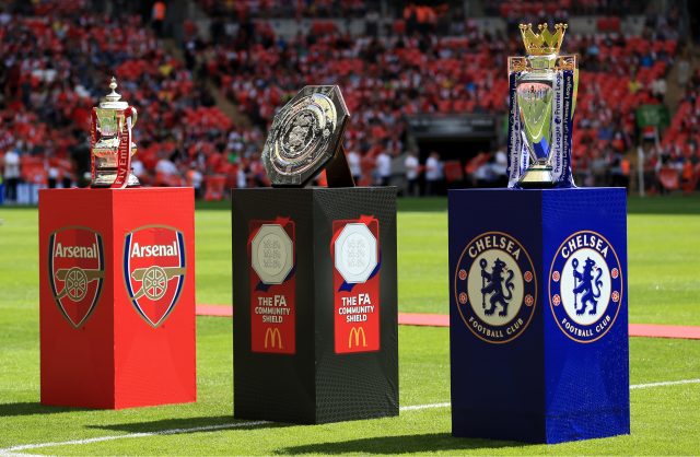 The FA Cup, Community Shield and Premier League trophies