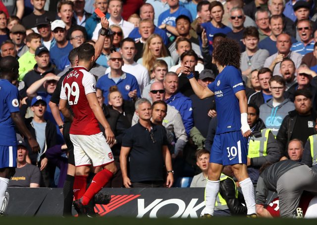 Chelsea defender David Luiz is shown a red card against Arsenal