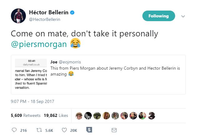 A screenshot of a Hector Bellerin tweet