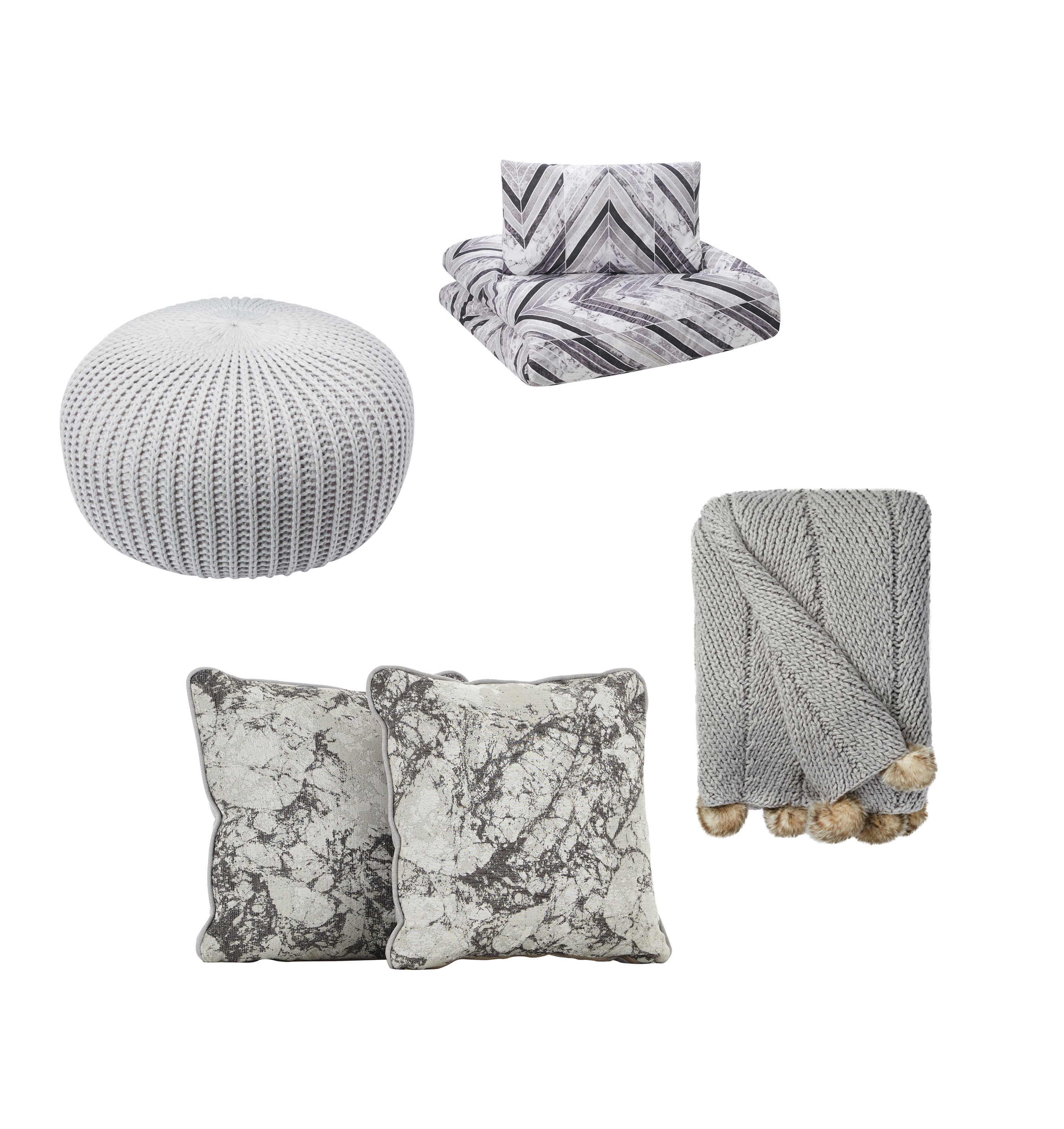 (clockwise from left) Marble reversible double duvet set, £12, George Home; Grey chunky pom pom throw, £50, Dunelm; Carrara pair of scatter cushions, £55, Furniture Village; Knitted pouffe, £25, George Home. (George Home; Dunelm/Furniture Village/PA)