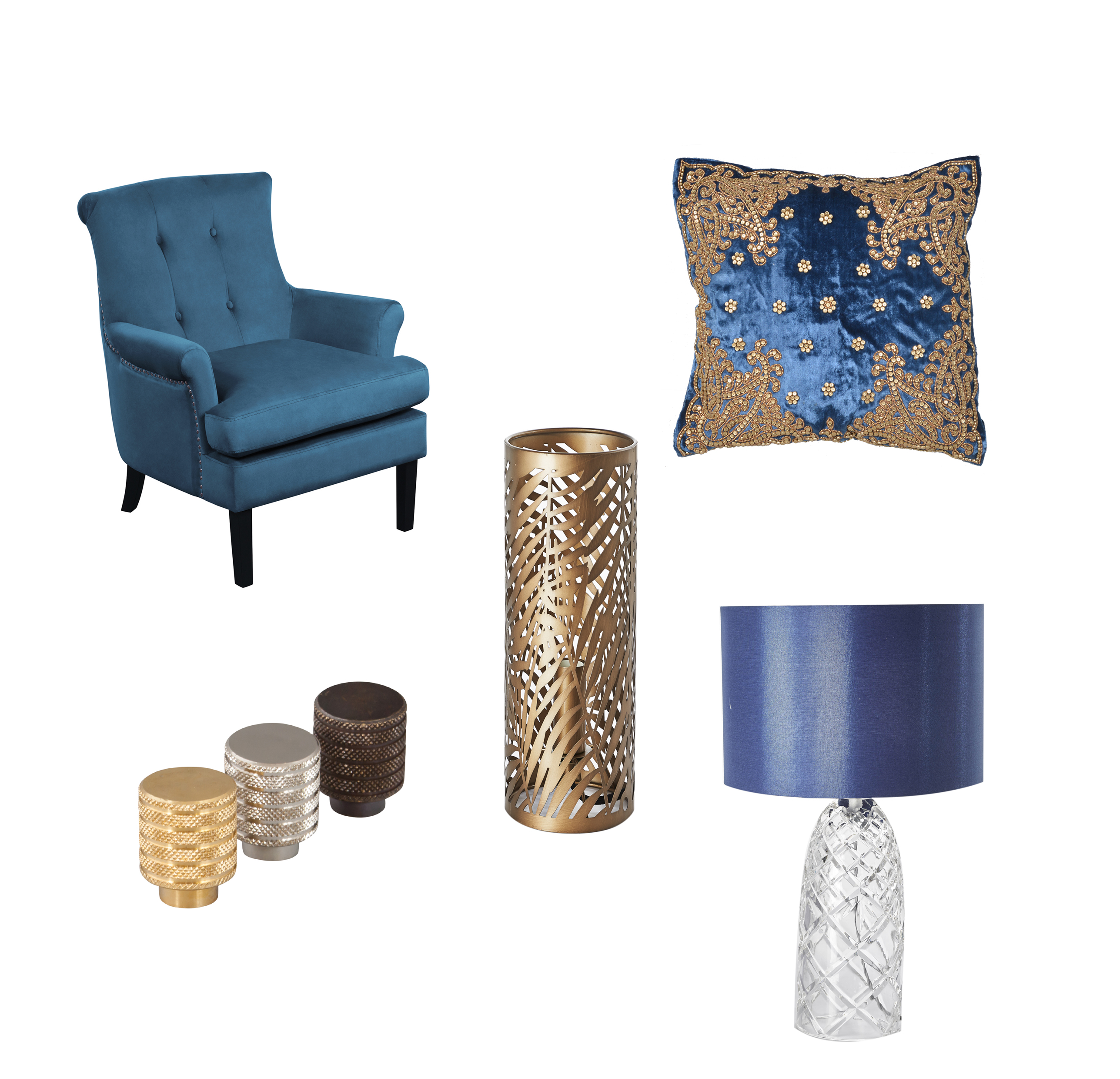 (Clockwise from left) Positano armchair, Wedgewood blue, £199.99, My Furniture; Sapphire embroidered cushion, currently reduced from £55 to £35, Sweetpea & Willow; 5A Fifth Avenue Milan navy cut table lamp, £55, Dunelm; Tahlee palm leaf design uplighter, £22 Dunelm; Avant-garde knurled knob, in silver, bronze or brass, £8.99, Dowsing & Reynolds (My Furniture/ Sweetpea & Willow/ Dunelm/Dowsing & Reynolds/PA)
