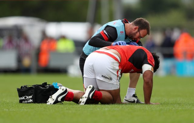 Vunipola is treated for injury during last season's Premiership semi-final in May