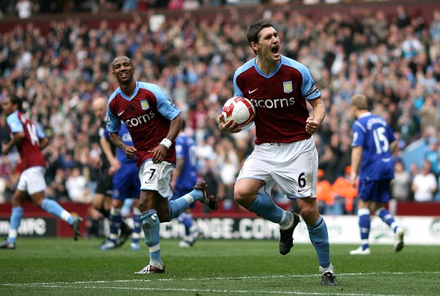 Gareth Barry celebrates after scoring for Aston Villa