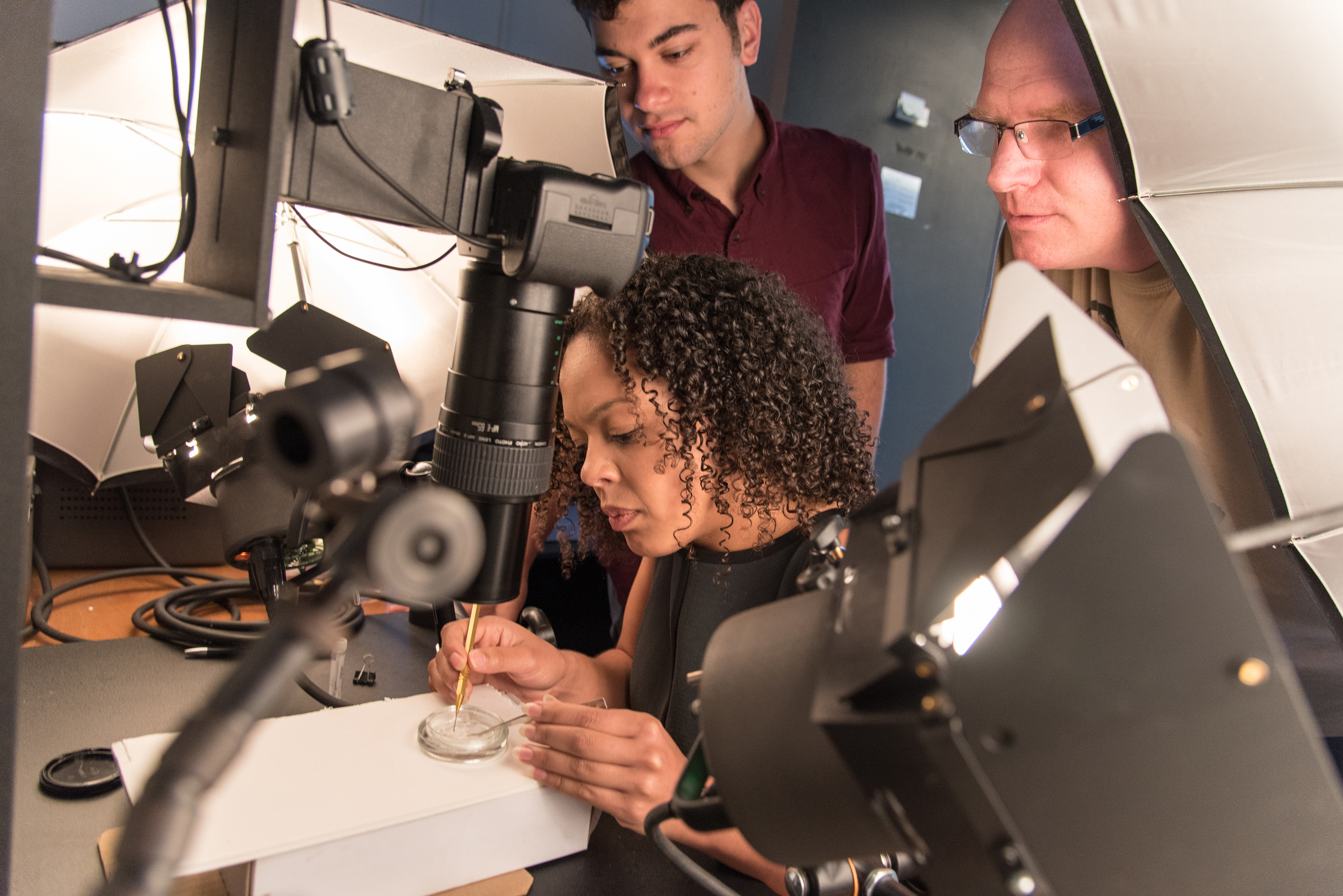 Students looks through a microscope