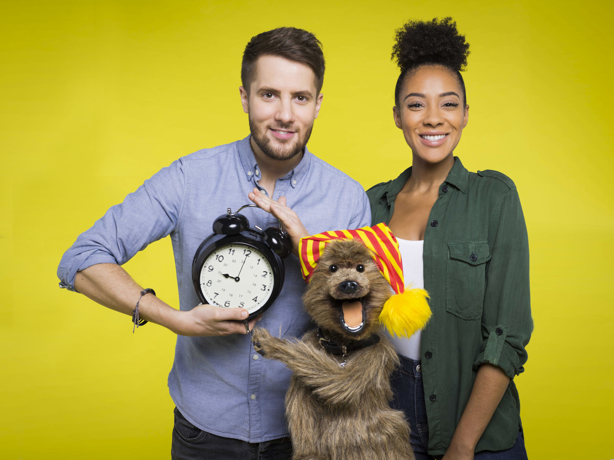 Saturday Mash-Up's hosts Jonny Nelson, Hacker T Dog and Yasmin Evans (Joel Anderson/BBC)