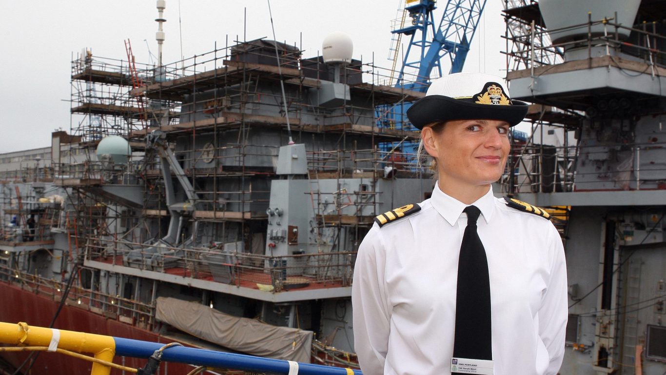 Commander Sarah West takes up her post on the Type 23 frigate HMS Portland in 2012 (David Cheskin/PA)