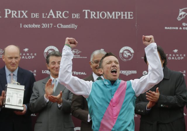 Frankie Dettori celebrates at Chantilly